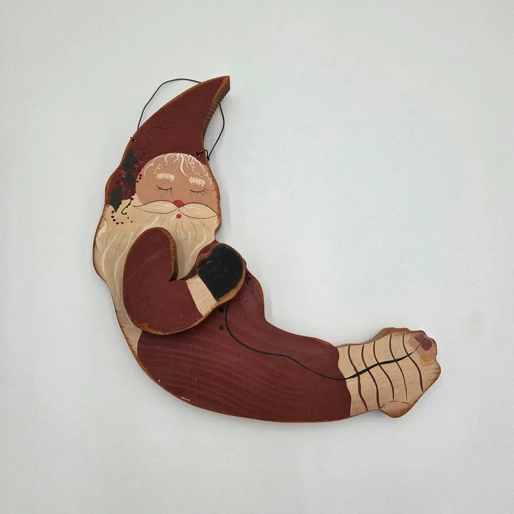 Vintage Folk Art Wooden Santa Claus Moon Hanging Christmas Ornament‎ Rustic